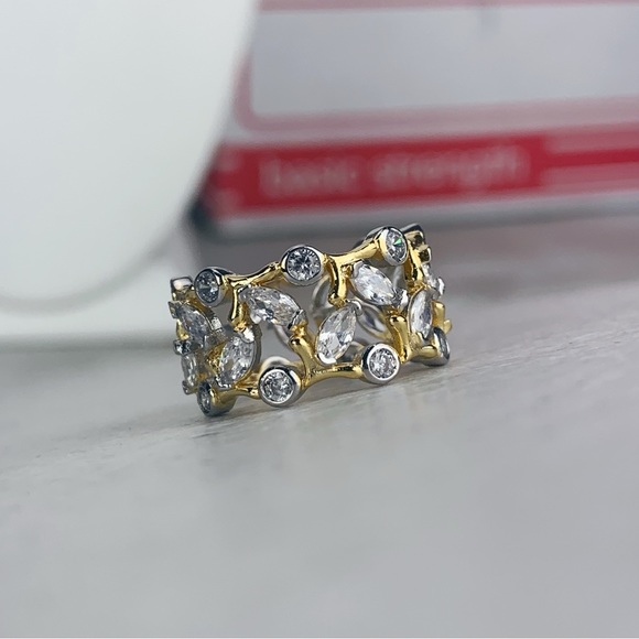 Two Tone Cubic Zirconia Eternity Ring Size 7 Round Marquise Bezel Vine Ring - Picture 5 of 16